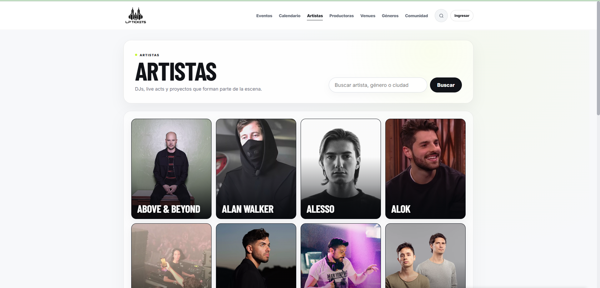 LP Tickets en desktop mostrando el catálogo de artistas