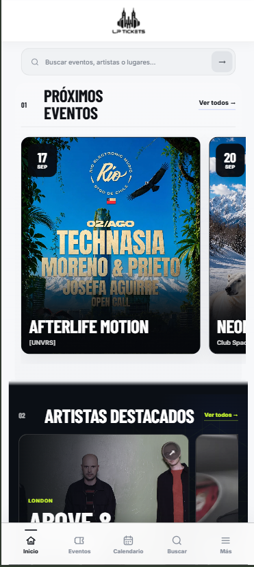LP Tickets en mobile mostrando los próximos eventos